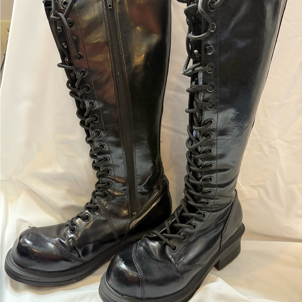 Man made Black Lace-Up Knee-High Boots